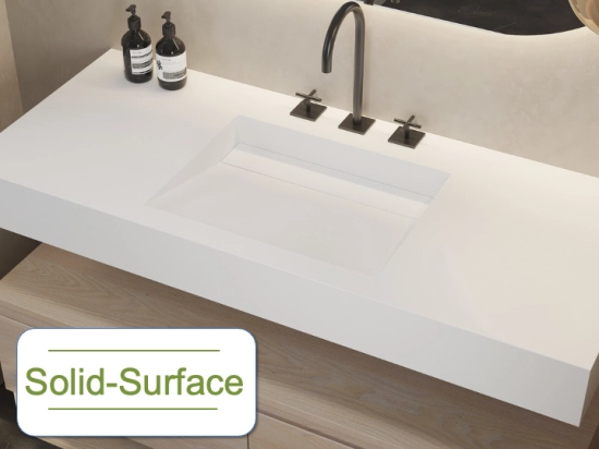 Plan vasque caniveau, sur mesure, Largeur 60 à 200 cm x Profondeur 40 à 60 cm, résine minérale ACRYSTONE® SOLID-SURFACE Finition lisse blanc mate, Livraison Offerte et Rapide.